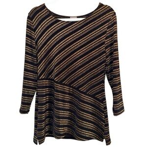 Travelers By Chicos Black Gold Diagonal Stripe Stretchy Knit Tunic Top Sz 1 EUC